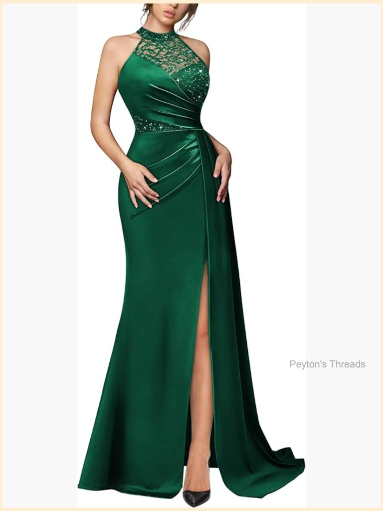 Women's Sequin Lace Satin Halter Neck Mermaid Maxi Evening Party Dress